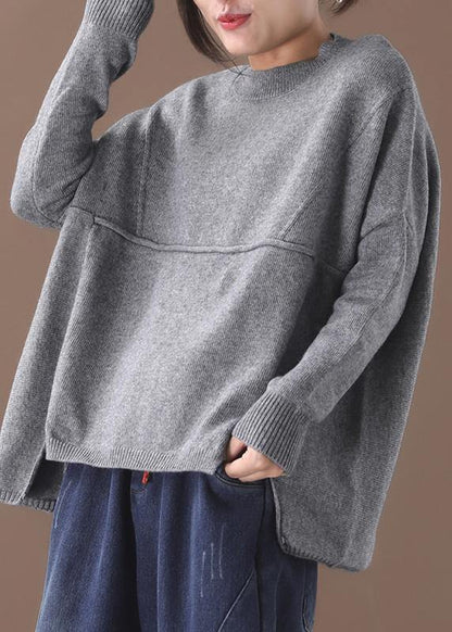Cozy Gray Knit Blouse Oversized Batwing Sleeve Sweaters Asymmetric Hem