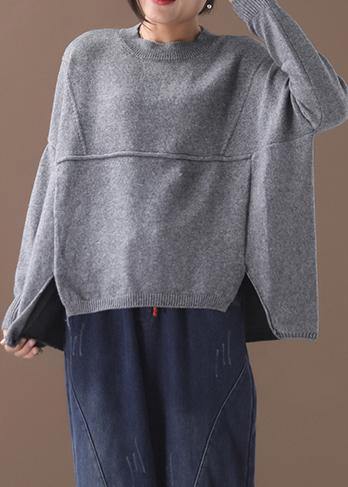 Cozy Gray Knit Blouse Oversized Batwing Sleeve Sweaters Asymmetric Hem