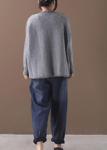 Cozy Gray Knit Blouse Oversized Batwing Sleeve Sweaters Asymmetric Hem