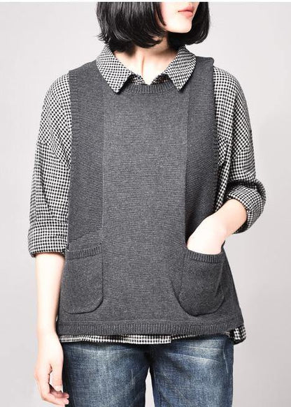 Cozy Gray Sleeveless Knit Coats Loose Fitting Pockets Knitted Coat O Neck