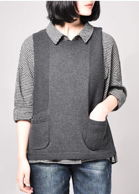 Cozy Gray Sleeveless Knit Coats Loose Fitting Pockets Knitted Coat O Neck