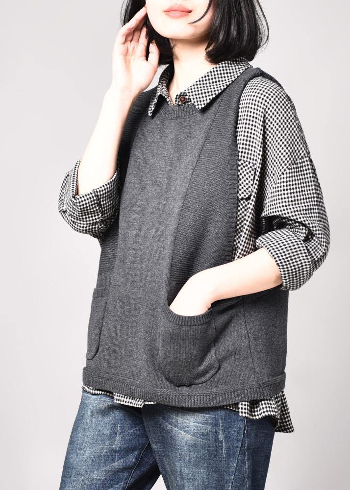 Cozy Gray Sleeveless Knit Coats Loose Fitting Pockets Knitted Coat O Neck