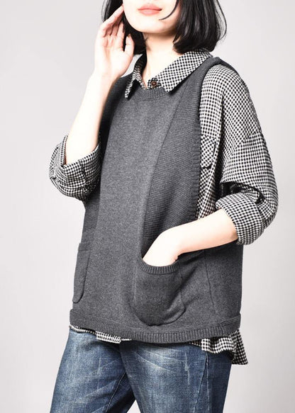Cozy Gray Sleeveless Knit Coats Loose Fitting Pockets Knitted Coat O Neck