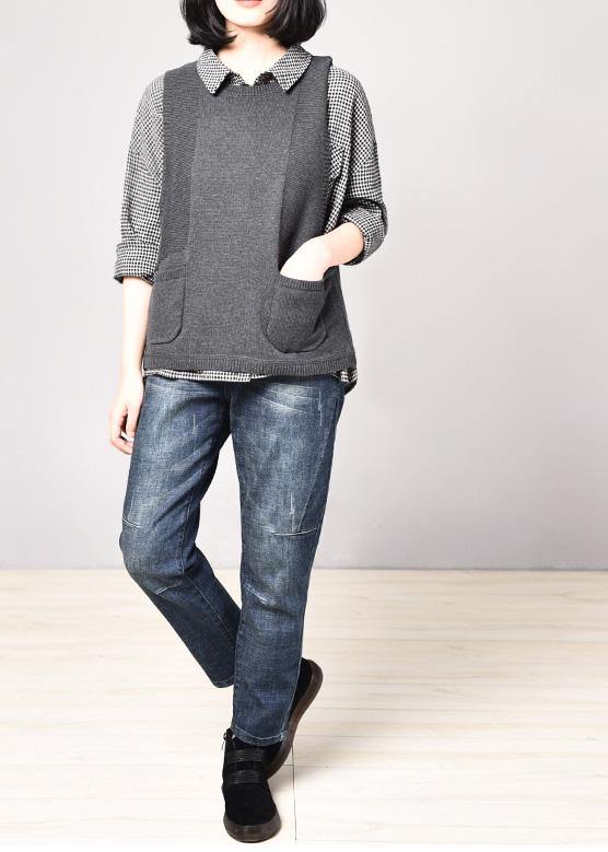 Cozy Gray Sleeveless Knit Coats Loose Fitting Pockets Knitted Coat O Neck