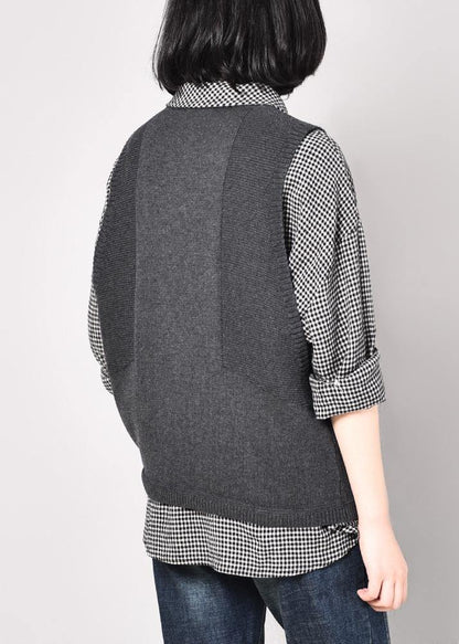 Cozy Gray Sleeveless Knit Coats Loose Fitting Pockets Knitted Coat O Neck