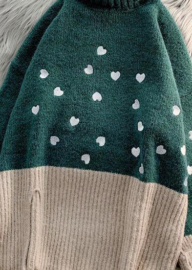 Cozy Green Heart Print Knitted T Shirt High Neck Patchwork Oversize Knitwear