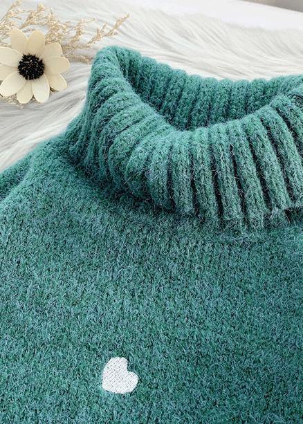Cozy Green Heart Print Knitted T Shirt High Neck Patchwork Oversize Knitwear