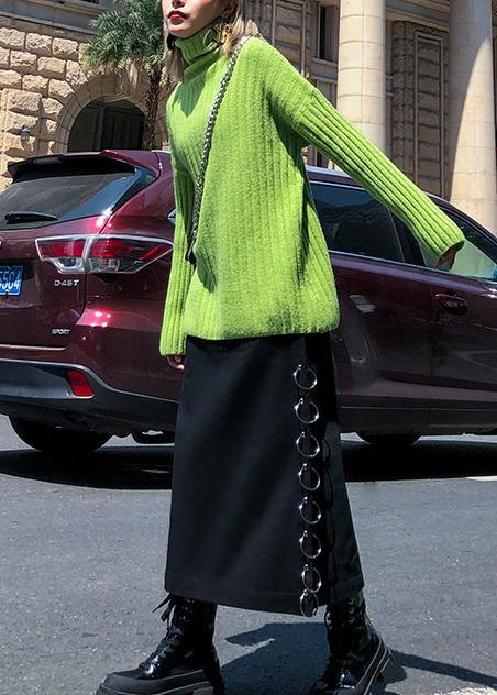 Cozy Green Knit Tops Oversize High Neck Thick Knitted Pullover