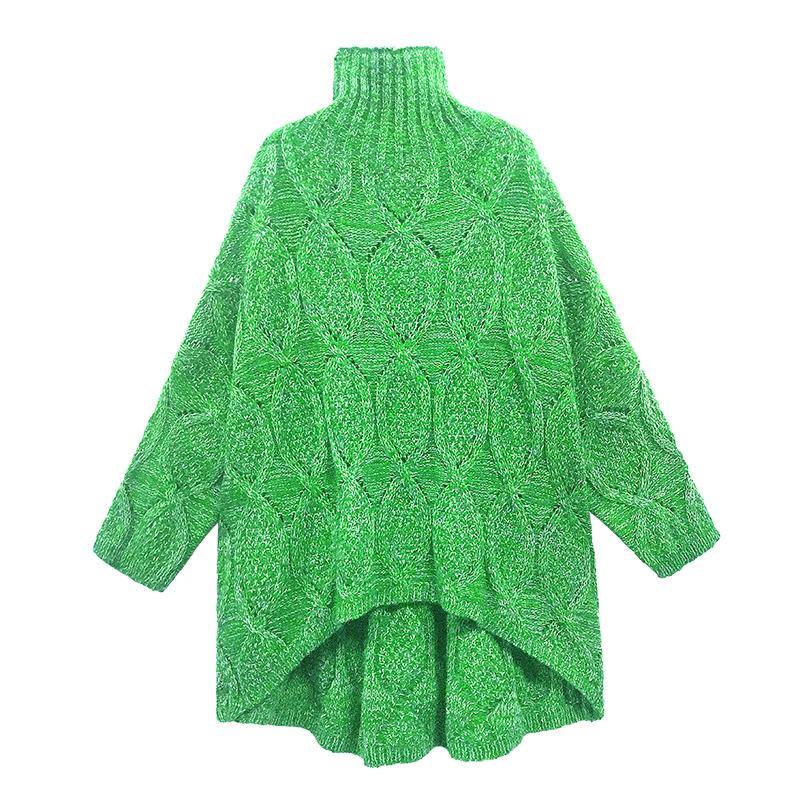 Cozy Green Knitwear High Neck Low High Design Knit Top Silhouette