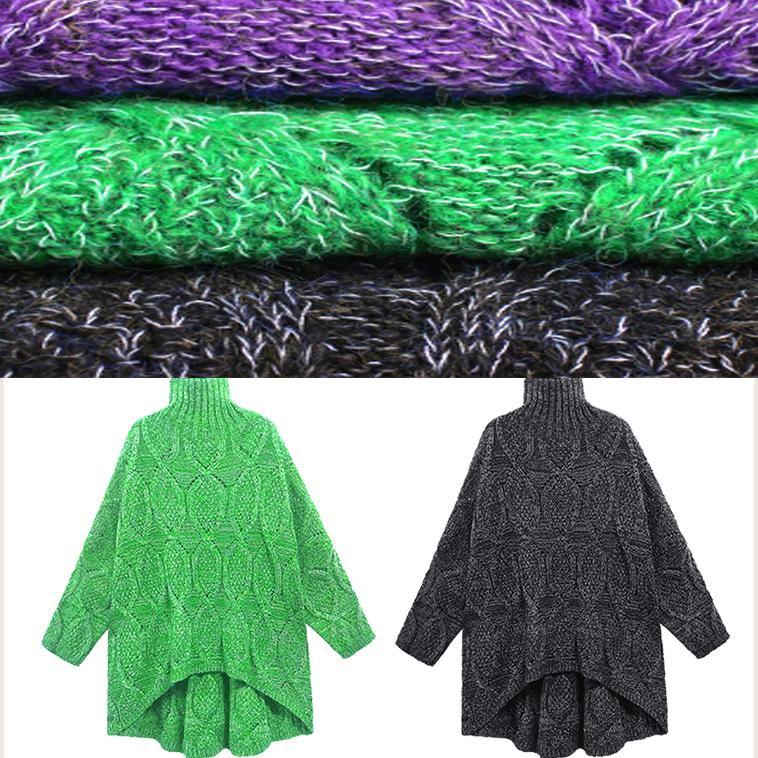 Cozy Green Knitwear High Neck Low High Design Knit Top Silhouette