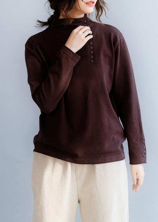 Cozy High Neck Chocolate Knit Tops Oversize Side Open Collar Knit Blouse