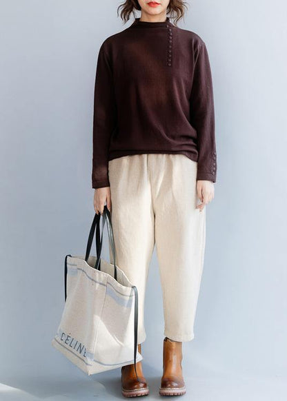 Cozy high neck chocolate knit tops oversize side open collar knit blouse