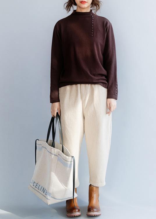 Cozy High Neck Chocolate Knit Tops Oversize Side Open Collar Knit Blouse