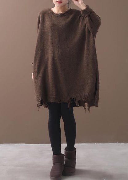 Cozy Khaki Box Top Loose Fitting Batwing Sleeve Sweaters Hem Hole