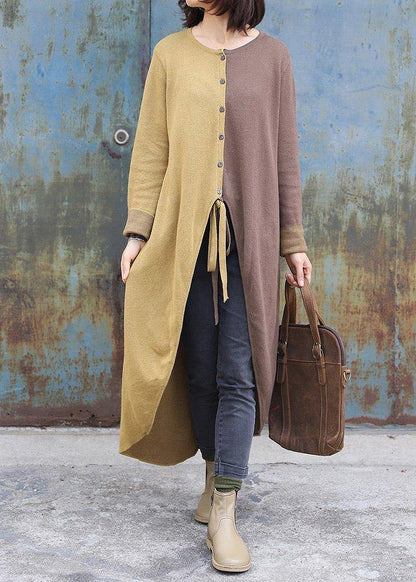 Cozy Khaki Patchwork Yellow Fall O Neck Asymmetric Hem Knit Outwear