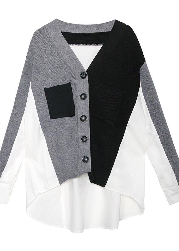 Cozy Knitwear Black V Neck Patchwork Knitted Jackets