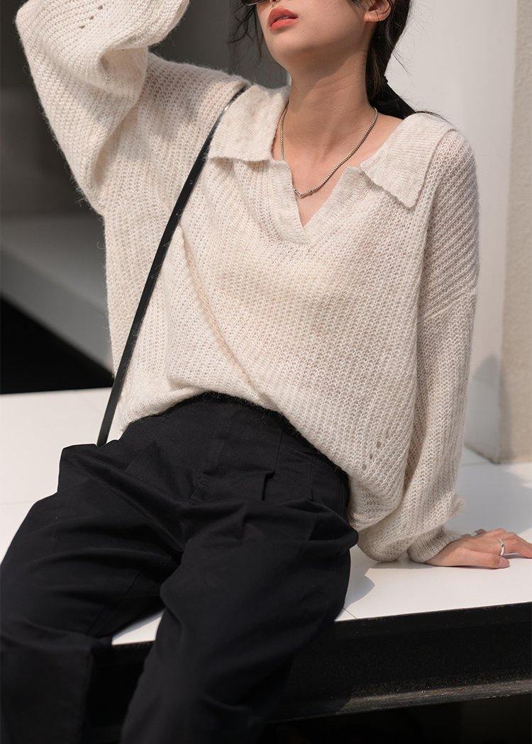Cozy Nude Knit Tops V Neck Long Sleeve Loose Fitting Knitted Blouse
