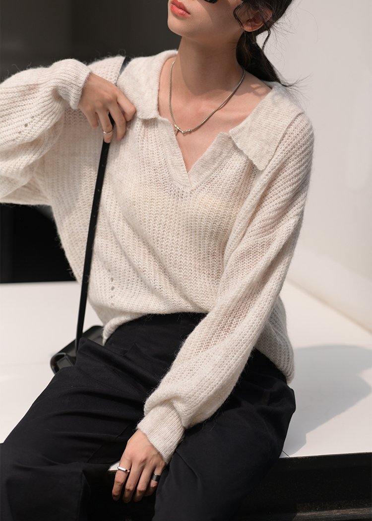 Cozy Nude Knit Tops V Neck Long Sleeve Loose Fitting Knitted Blouse