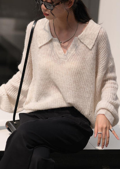 Cozy Nude Knit Tops V Neck Long Sleeve Loose Fitting Knitted Blouse