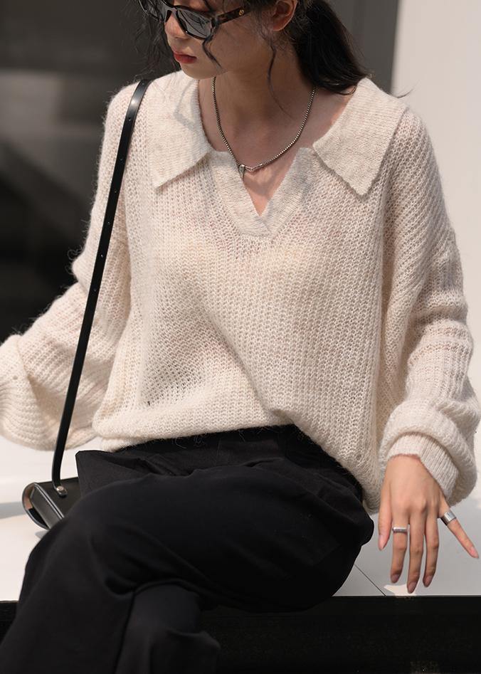Cozy Nude Knit Tops V Neck Long Sleeve Loose Fitting Knitted Blouse