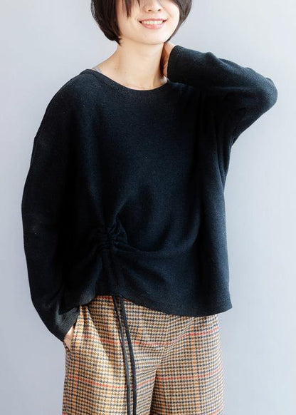 Cozy O Neck Black Sweaters Fall Drawstring Knitted Pullover