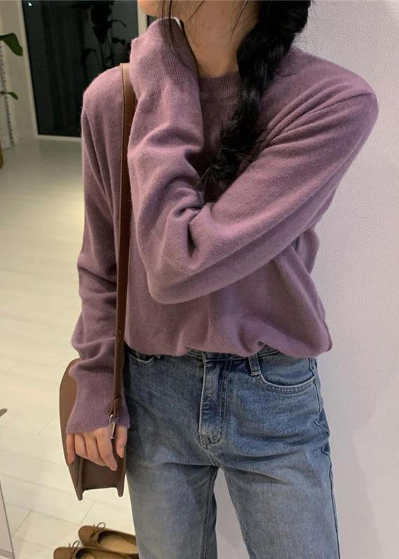 Cozy O Neck Purple Knit Tops Wild Blouse