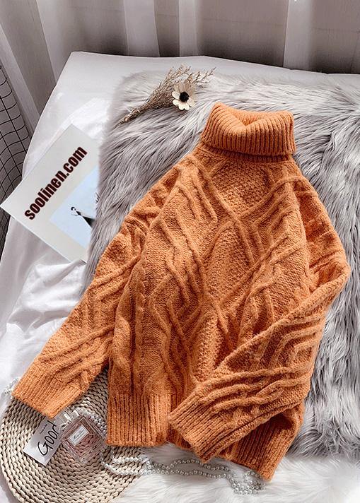 Cozy Orange Knitted Top Thick Spring High Neck Sweaters