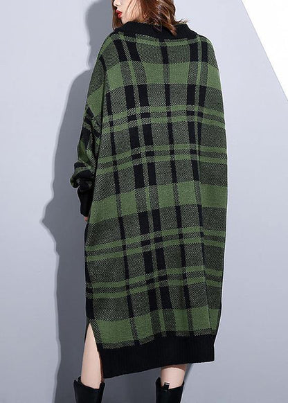 Cozy Orange Plaid Sweater Weather Design V Neck Side Open Art Knit Dresses