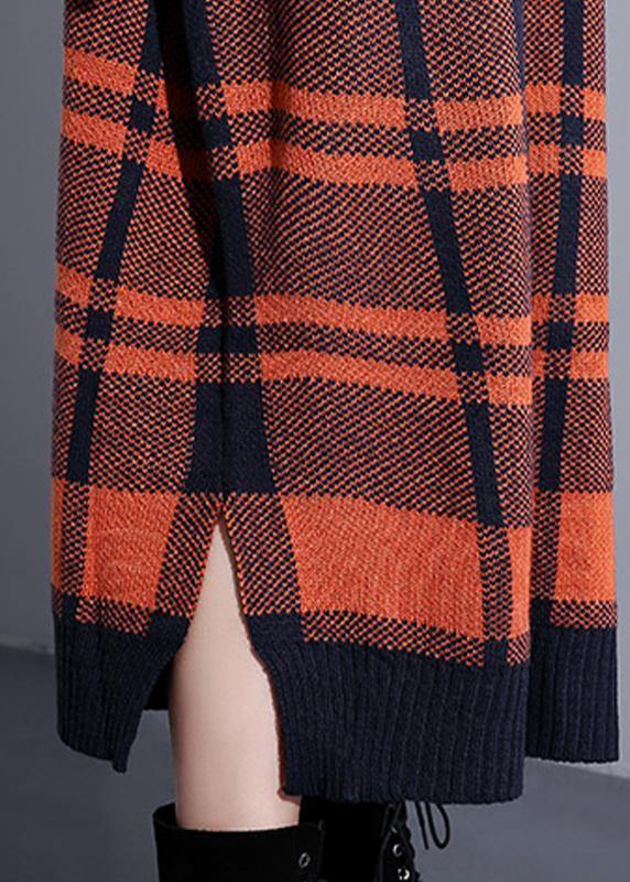 Cozy Orange Plaid Sweater Weather Design V Neck Side Open Art Knit Dresses