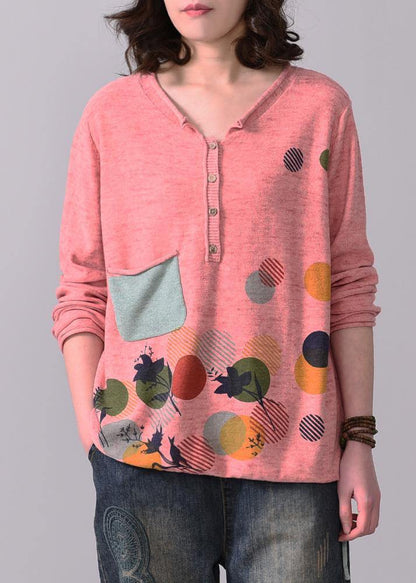 Cozy Pink V Neck Knitted T Shirt Autumn Sweater Prints