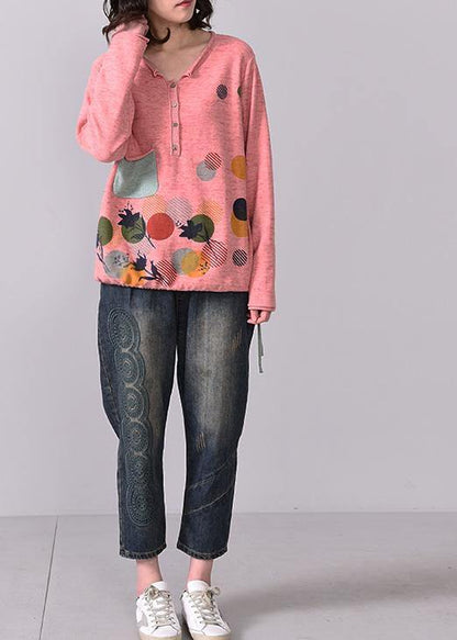 Cozy Pink V Neck Knitted T Shirt Autumn Sweater Prints