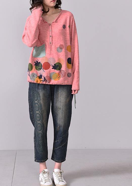 Cozy Pink V Neck Knitted T Shirt Autumn Sweater Prints