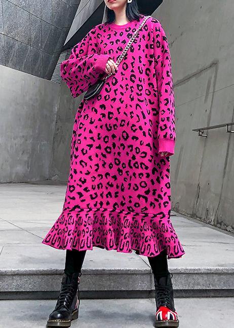 Cozy Rose Leopard Sweater Weather Stand Collar Hole Tejidos Sweater Dress