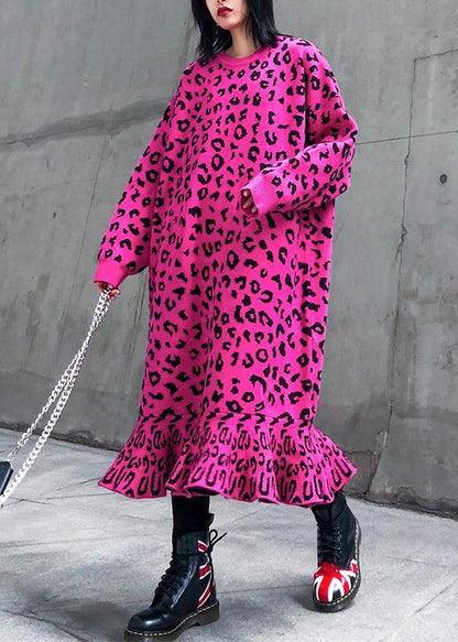 Cozy Rose Leopard Sweater Weather Stand Collar Hole Tejidos Sweater Dress