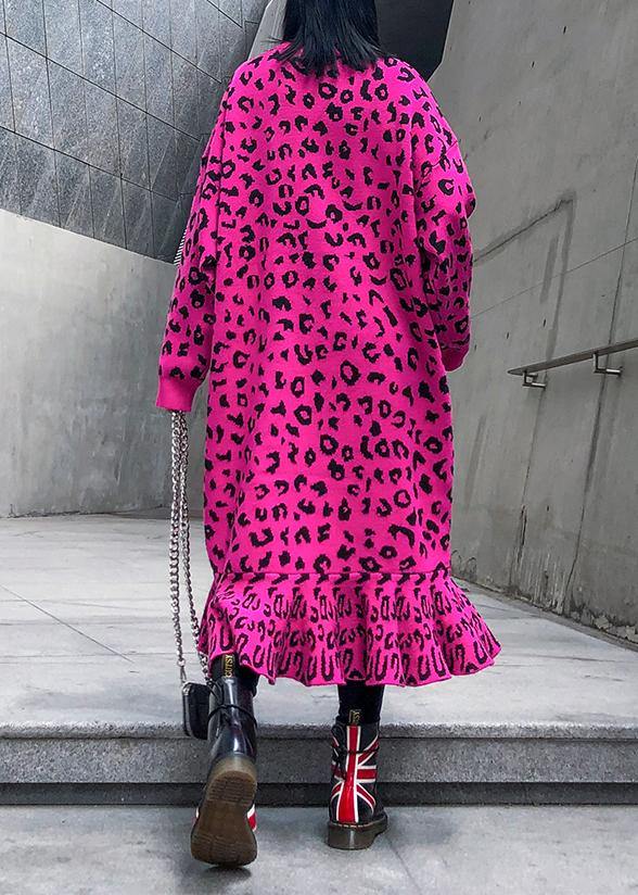 Cozy Rose Leopard Sweater Weather Stand Collar Hole Tejidos Sweater Dress