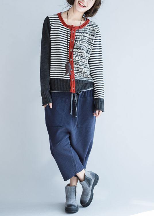Cozy Striped Knit Jacket Fall Knit Sweat Tops O Neck Button Down