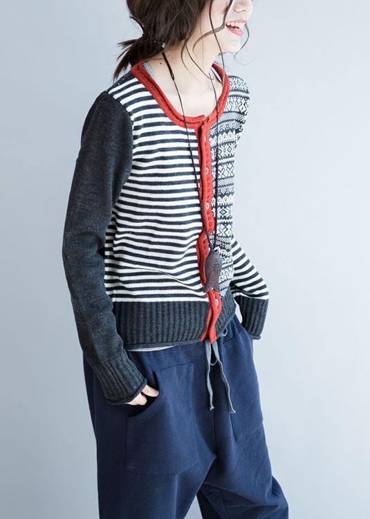 Cozy Striped Knit Jacket Fall Knit Sweat Tops O Neck Button Down