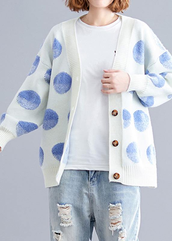 Cozy White Dotted Knitted Top V Neck Knitted Blouse Warm