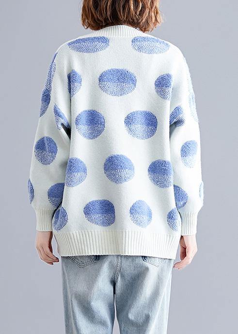Cozy White Dotted Knitted Top V Neck Knitted Blouse Warm