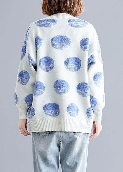 Cozy White Dotted Knitted Top V Neck Knitted Blouse Warm