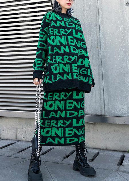 Cozy Winter Green Prints Knit Sweat Tops and Elastic Waist Skirt Two Pieces