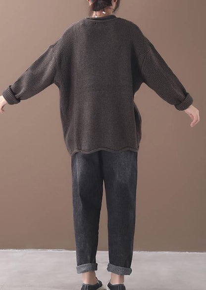 Cozy Winter Khaki Knitted Blouse Fall O Neck Sweater Tops