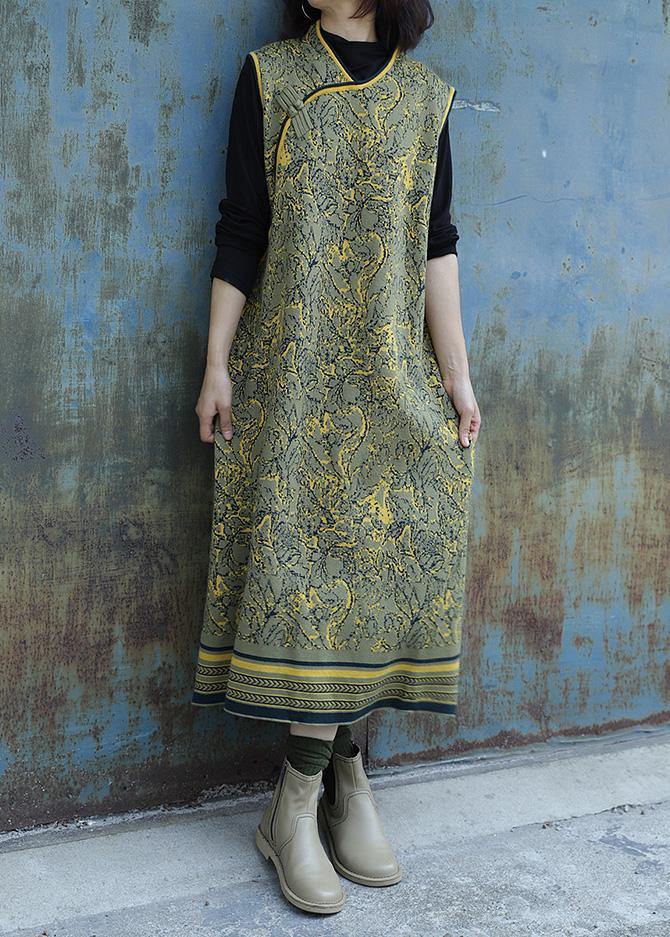 Cozy Yellow Green Dress Weather Chinese Button Art Sleeveless Dresses