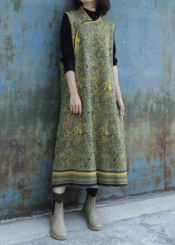 Cozy Yellow Green Dress Weather Chinese Button Art Sleeveless Dresses