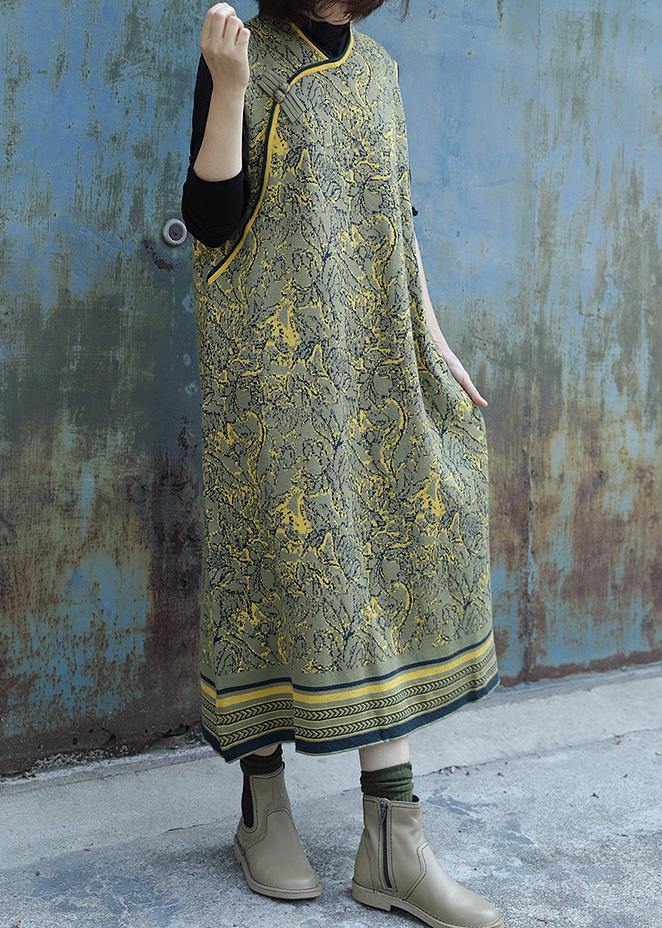 Cozy Yellow Green Dress Weather Chinese Button Art Sleeveless Dresses