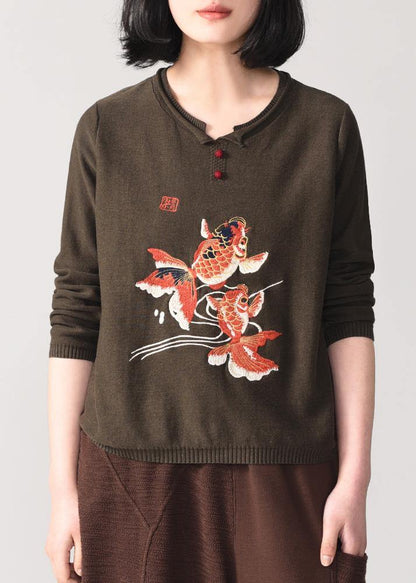 Cozy Yellow Knit T Shirt Loose Fitting Animal Embroidery Knitted Sweater Long Sleeve