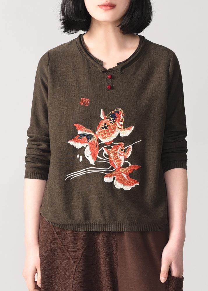 Cozy Yellow Knit T Shirt Loose Fitting Animal Embroidery Knitted Sweater Long Sleeve