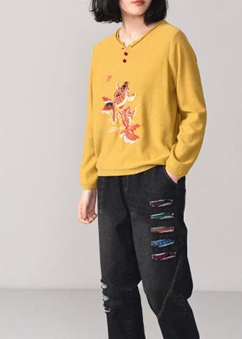 Cozy Yellow Knit T Shirt Loose Fitting Animal Embroidery Knitted Sweater Long Sleeve