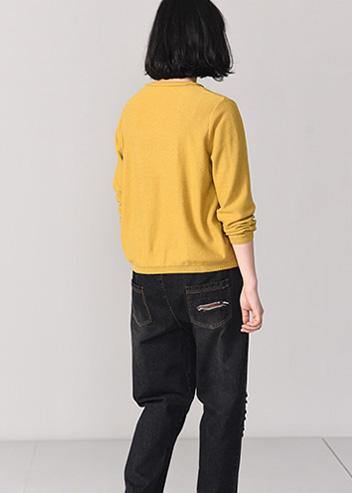 Cozy Yellow Knit T Shirt Loose Fitting Animal Embroidery Knitted Sweater Long Sleeve