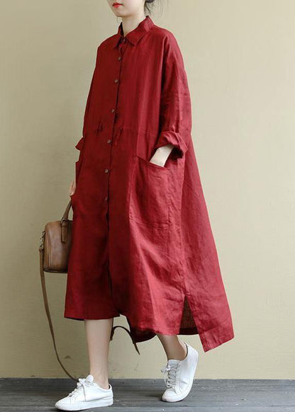Green Plaid Linen Shirt Dress Oversize Spring Maxi Dresses